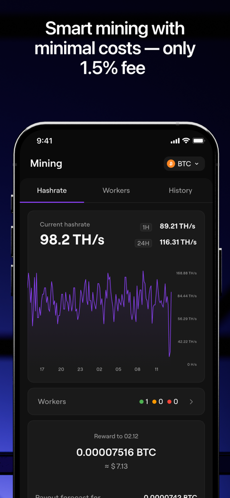 EMCD: Bitcoin & Crypto Mining - iPhone screen showing the EMCD crypto mining dashboard with a hashrate graph and Bitcoin rewards