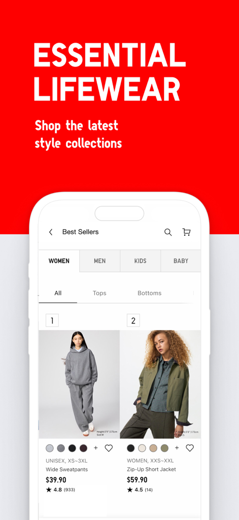 UNIQLO mobile app screen displaying best sellers in the women clothing category with price and rating details