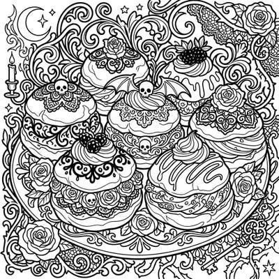 Step into a world where sweet treats meet dark allure with our unique Gothic Cream Puffs coloring page. Discover intricate Victorian details, mysterious skulls, and ornate patterns ready for your creative touch.
