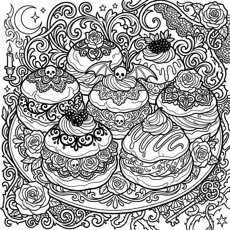 Step into a world where sweet treats meet dark allure with our unique Gothic Cream Puffs coloring page. Discover intricate Victorian details, mysterious skulls, and ornate patterns ready for your creative touch.