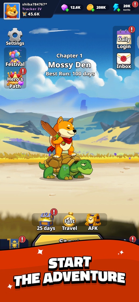 Shiba Story Go! Idle RPG Game - Un personaje Shiba Inu con una espada de madera montando una tortuga verde en el menú principal del juego Shiba Story Go