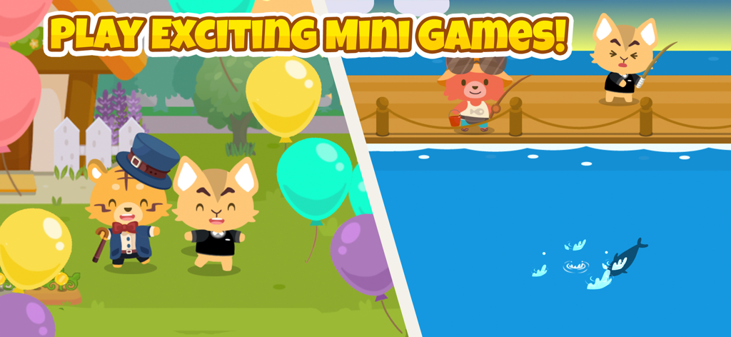 Cute animal characters playing mini games and fishing in a vibrant virtual world