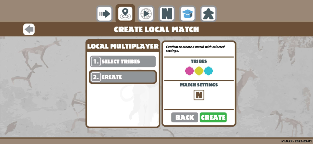 Neanderthal board game Premium - Local multiplayer setup screen for Neanderthal board game