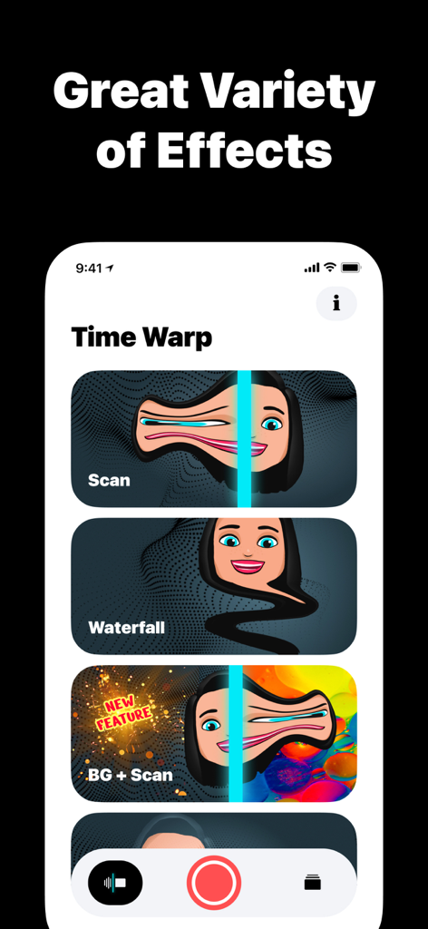 Time Warp Scan - Funny Face - Interface do aplicativo Time Warp Scan mostrando vários efeitos de distorção facial como Cachoeira de Escaneamento e BG mais Escaneamento