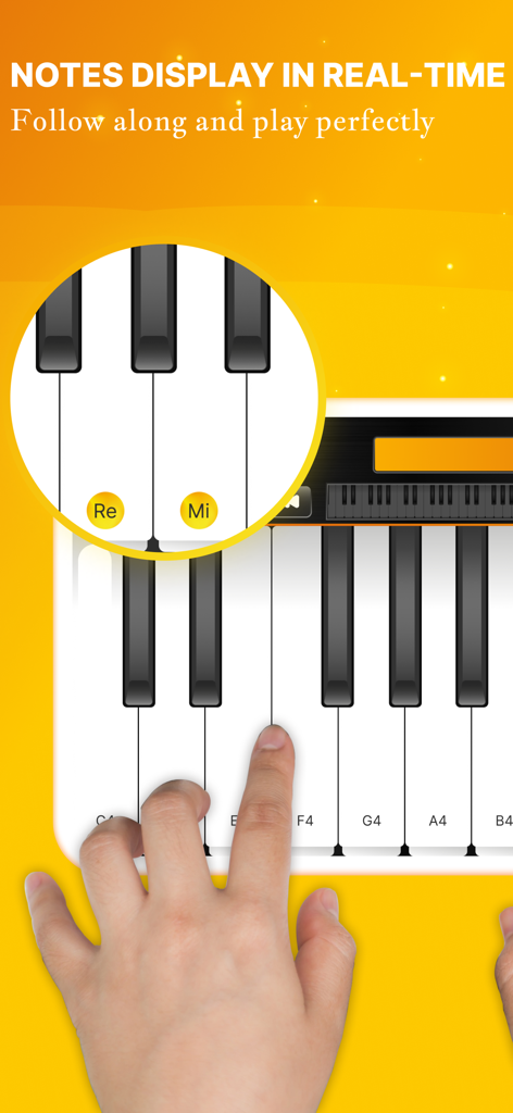A mobile screen showing a piano keyboard with real-time notes display and a hand playing the keys.