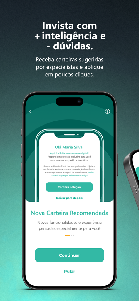 Pantalla de la aplicación móvil Sofisa Direto que muestra recomendaciones de expertos sobre carteras de inversión para los usuarios