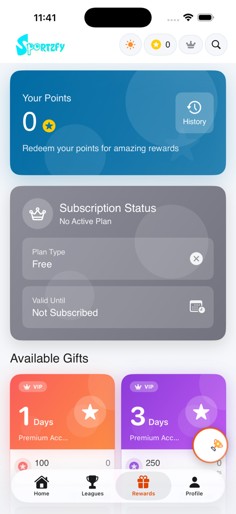 The rewards screen of the Sportzfy app showing user points subscription status and available VIP gifts
