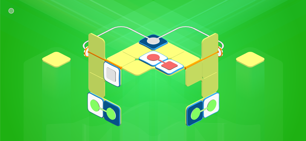 "OXXO" - 緑色の背景にカラフルなブロックがあるOXXOのミニマルな3Dパズルレベル