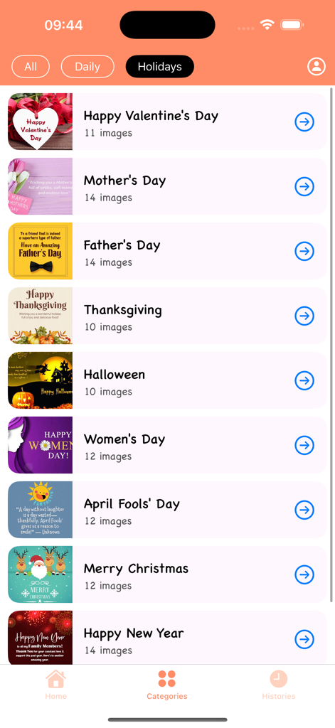 Good Morning & Good Night Love - A list of holiday greeting card categories including Valentines Day Mothers Day and Christmas