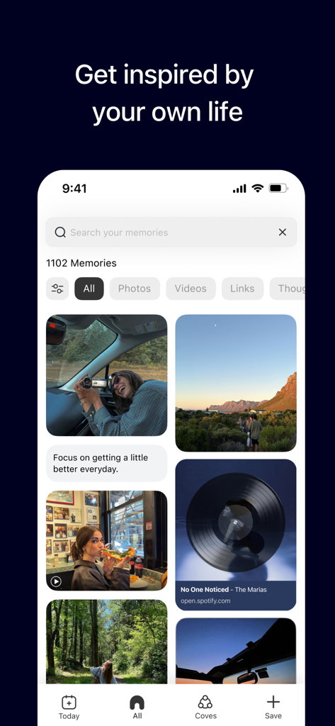 Cove - Document Your Life - Cove app interface showing a visual grid of personal memories including photos music and text notes
