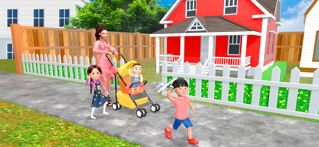 Mother Simulator - Mom Game - Uma mãe passeando com seus filhos e carrinho de bebê em um bairro suburbano em um jogo simulador