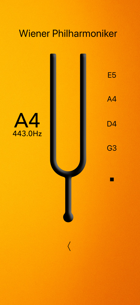 Violin Tuner Basic app interface featuring a digital tuning fork set to A4 at 443Hz for Vienna Philharmonic tuning
