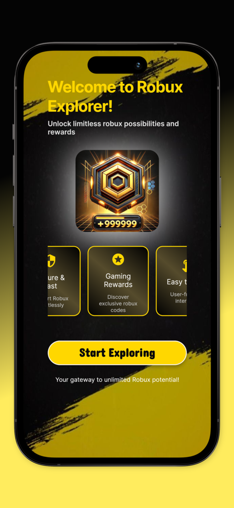 The welcome screen of the Robux Explorer app featuring gaming rewards and a start exploring button