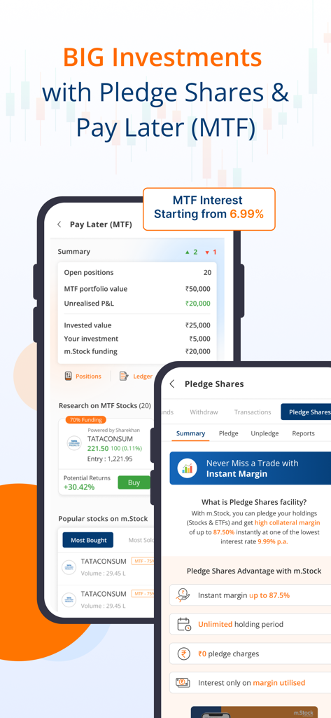 mStock by Mirae Assets-IPO, MF - mStock 앱 인터페이스는 인도 주식 시장 투자를 위한 마진 거래 시설 및 주식 담보 기능을 보여줍니다.