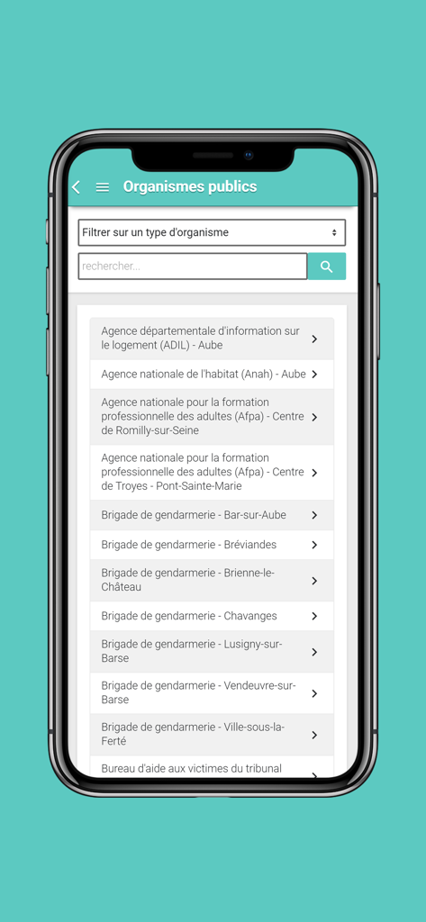 Maelis - Maelis app screen displaying a searchable list of local public organizations and administrative services