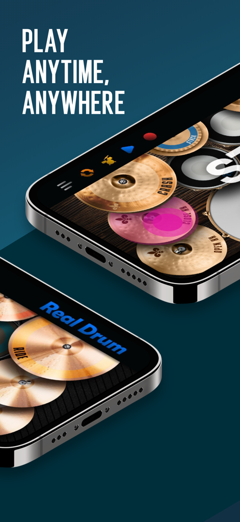 Smartphone screens displaying the Real Drum electronic drum set app with the text play anytime anywhere