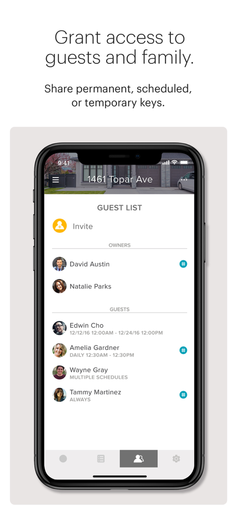 August Home - August Home App-Oberfläche, die die Gästeliste und Optionen zum Teilen permanenter oder temporärer digitaler Schlüssel anzeigt.