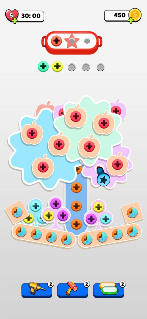 Unscrew Nuts and Bolts Jam - Uma captura de tela do quebra-cabeça de física Unscrew Jam mostrando porcas e parafusos coloridos em tabuleiros moldados