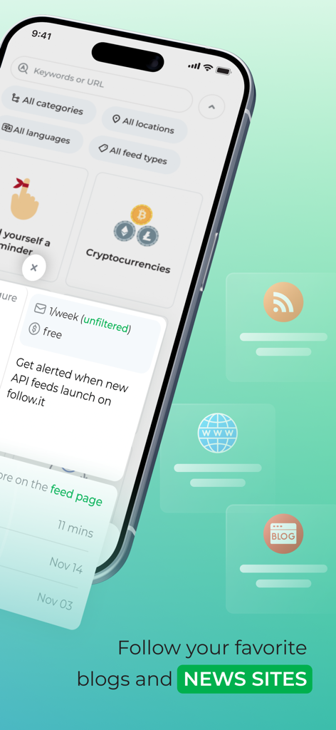 follow.it - Interface de découverte de follow.it montrant des filtres de recherche et des catégories pour les sites d'actualités et les blogs.