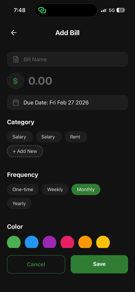 Budget Buddy: Save & Track - Add bill screen in Budget Buddy app featuring options to set bill name amount due date and frequency