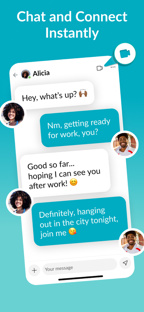 Tagged Dating: Chat & Go Live! - Interface of the Tagged dating app showing a real-time text conversation between two users with a video chat option.