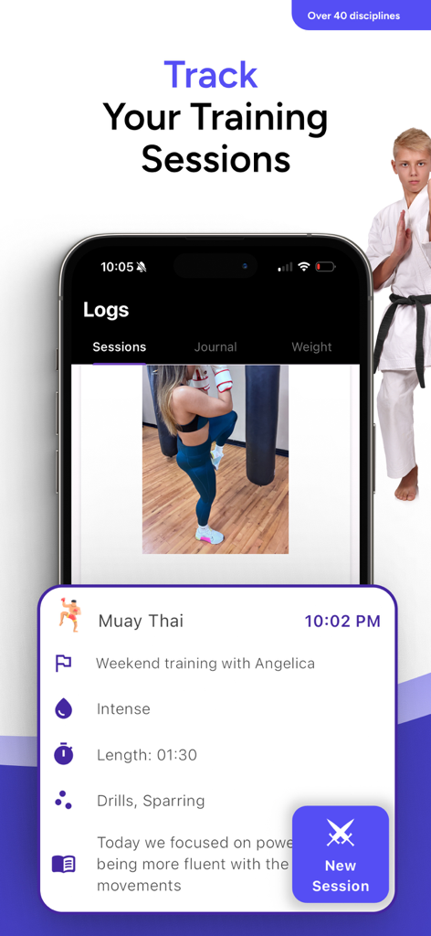 Interface of Martial Profile app showing a tracked Muay Thai training session with details on intensity and duration.