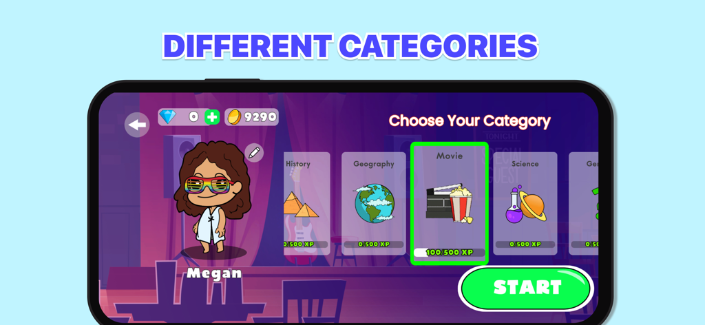 Pantalla de la aplicación Trivia Chat que muestra varias categorías de juegos como Historia del Cine y Ciencia con un avatar de personaje personalizable