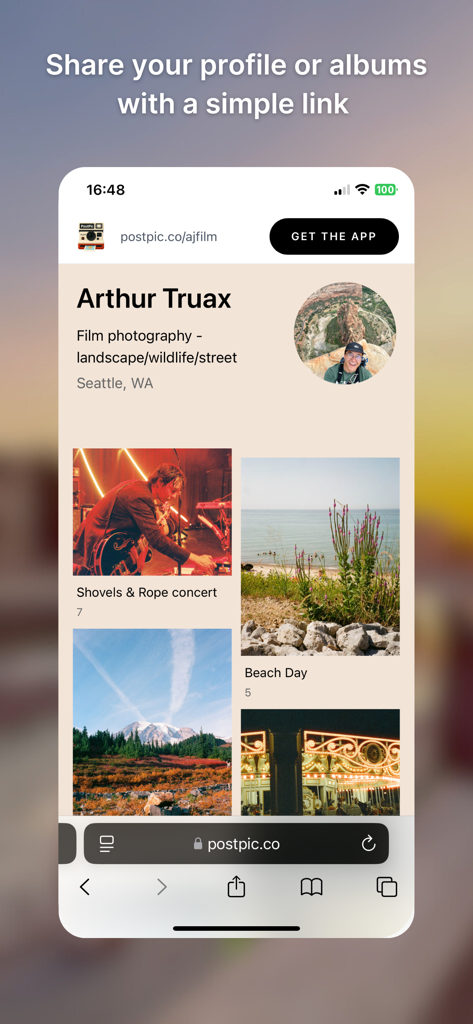 PostPic-Aesthetic Pics Editor - A mobile screen showing a PostPic user profile with aesthetic photography albums and a shareable link.