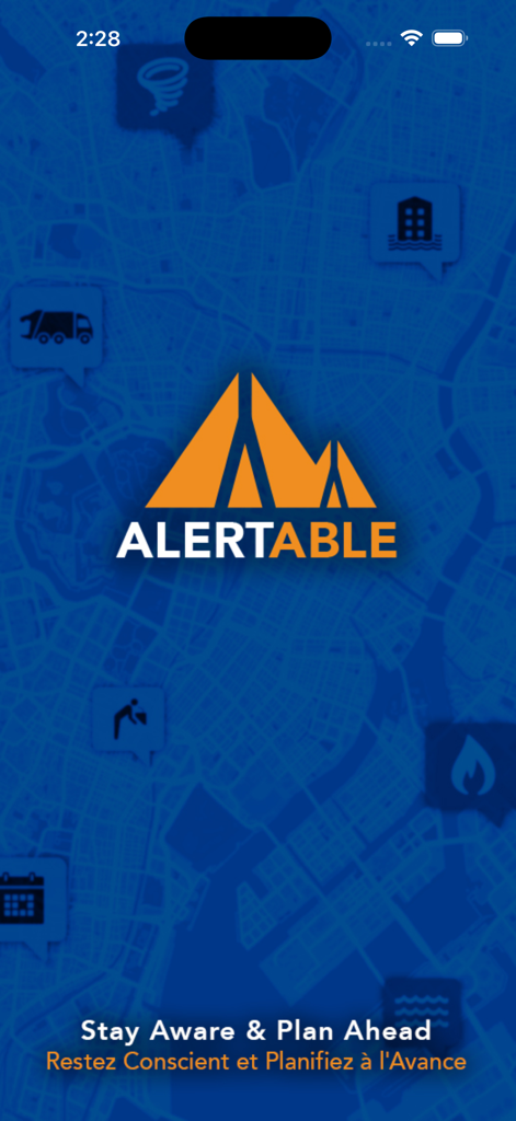 Alertable - Alertableアプリのホーム画面。オレンジ色のロゴと、緊急アイコンが表示された青い地図の背景が特徴です。