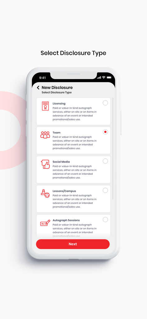 Mobile screen of the COMPASS NIL app allowing athletes to select a disclosure type from categories like Licensing Team and Social Media