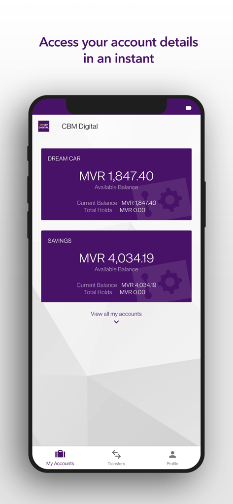 CBM Digital mobile app dashboard displaying account balances for savings and financial goals