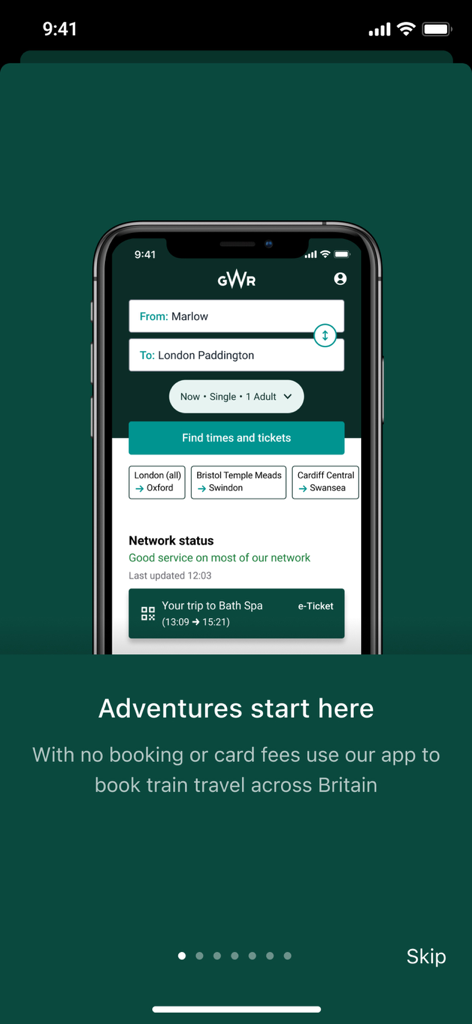 Great Western Railway app screen for booking train tickets across Britain with no booking fees