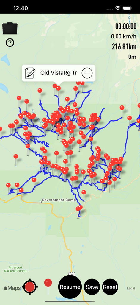 Map interface of a GPX tracking app displaying a trail with multiple red waypoint markers