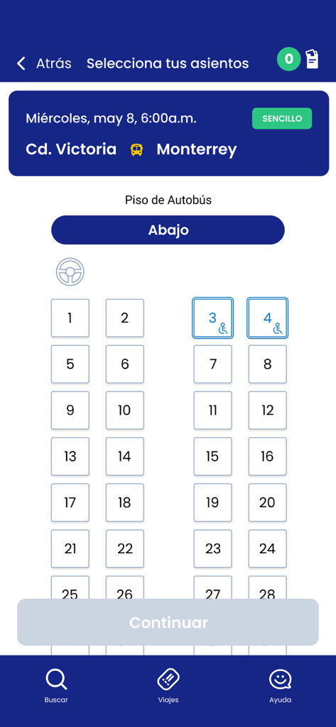 Schermata dell'app mobile Transpais per la selezione dei posti sull'autobus per un viaggio da Ciudad Victoria a Monterrey