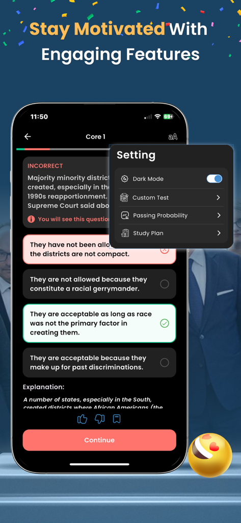 FSOT Practice Test 2026 - FSOT practice test app interface featuring quiz questions and a settings menu in dark mode.