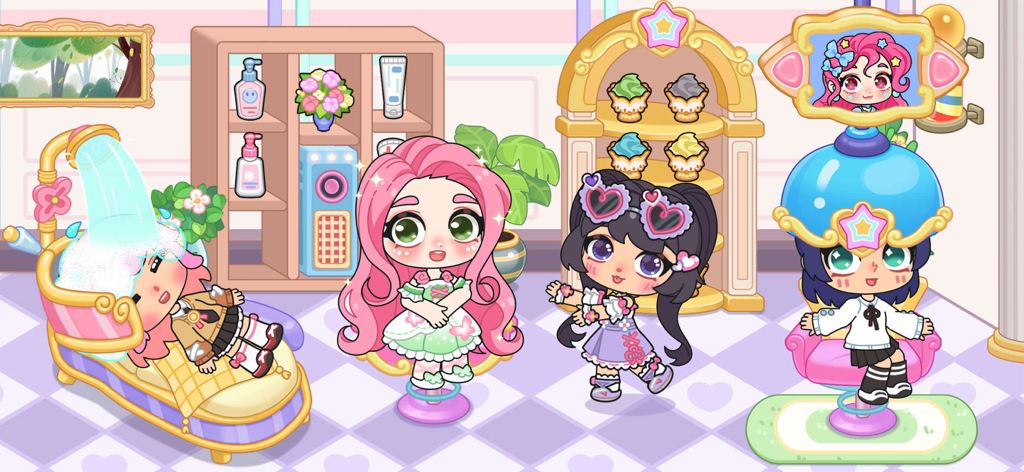 Personajes chibi haciéndose el pelo en una colorida peluquería dentro de Ayla World Avatar Life.