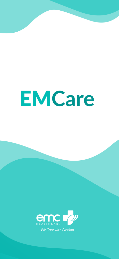 EMCare by EMC Healthcare splash screen with logo and slogan We Care with Passion