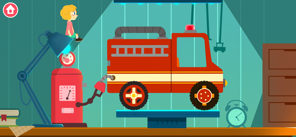 A red fire truck at a gas pump in a preschool car game