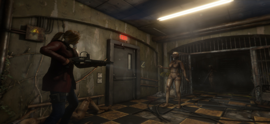 Rose Hawkins aiming a shotgun at a creepy mannequin in a dark hallway.