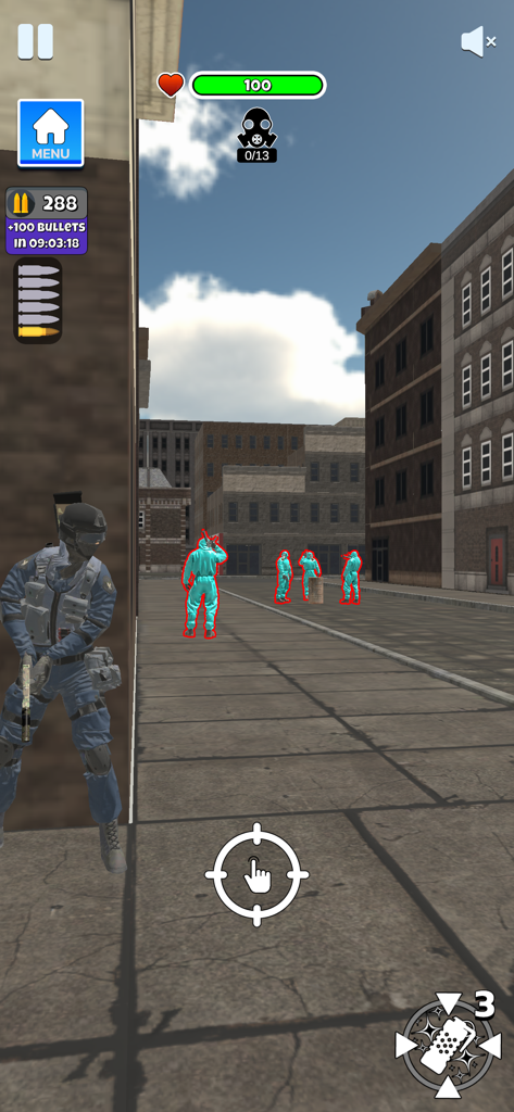 SWAT Tactical Shooter - A SWAT officer in blue tactical gear taking cover behind a wall while aiming at enemies in a city street.