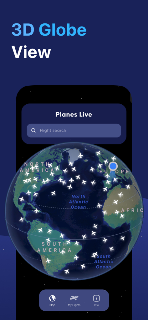 A 3D globe view in the Flight Tracker app showing real-time planes and flight routes across North America and Europe