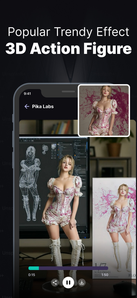 Pika Labs: AI Trend Effects - Pika Labs AI 영상 앱을 사용하여 생성된 여성의 3D 액션 피규어