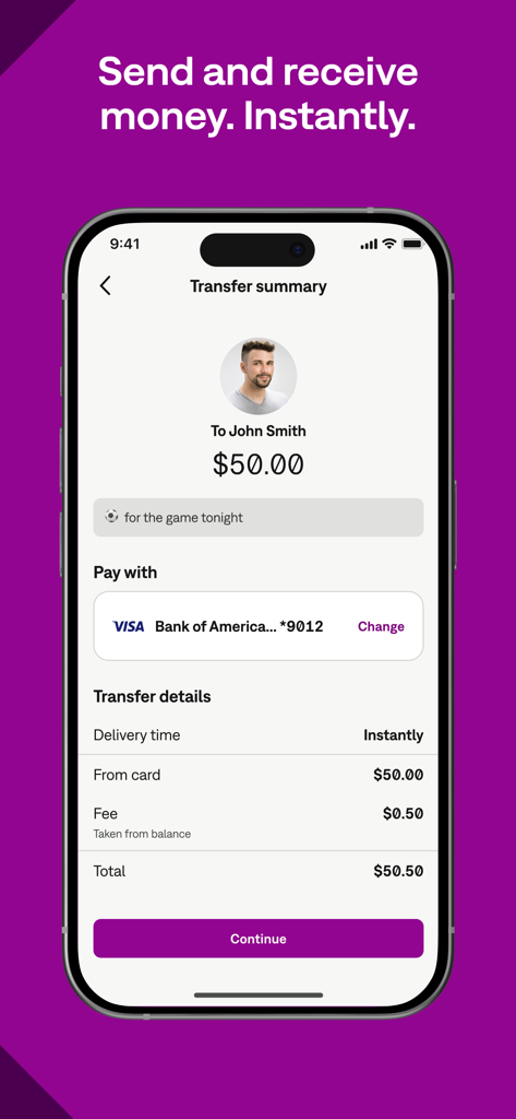 Interface de l'application mobile Skrill affichant un récapitulatif d'un transfert d'argent instantané