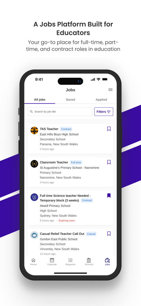 ClassCover - ClassCover mobile App-Oberfläche mit einer Liste verfügbarer Lehrerjobs für Vertretungs- und Vollzeitkräfte.