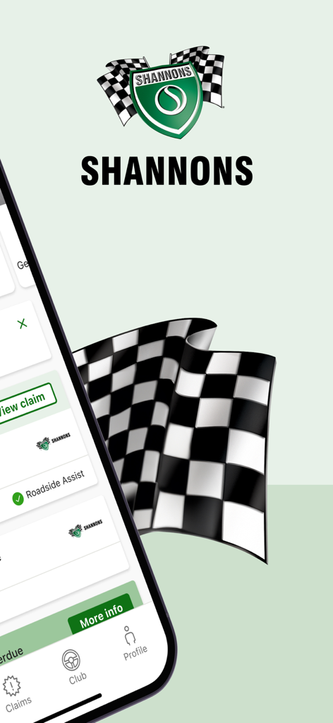 Shannons App - Shannons insurance mobile app home screen with motoring enthusiast logo and claim management features