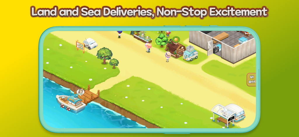 Hello Coffee Shop - Hello Coffee Shop gameplay showing land and sea delivery options with boats and cars