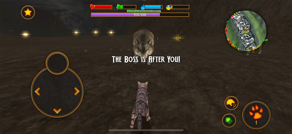 A cat warrior facing a giant wolf boss in the mobile game Clan Of Cats