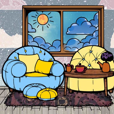 a cozy living room scene with a soft%2c round armchair%2c a small coffee table with a teapot and a cup%2c a fluffy rug%2c and a window showing a sunny sky with puffy clouds. black outline only%2c simple and easy to color with minimal details%2c no shading%2c and a white background.
