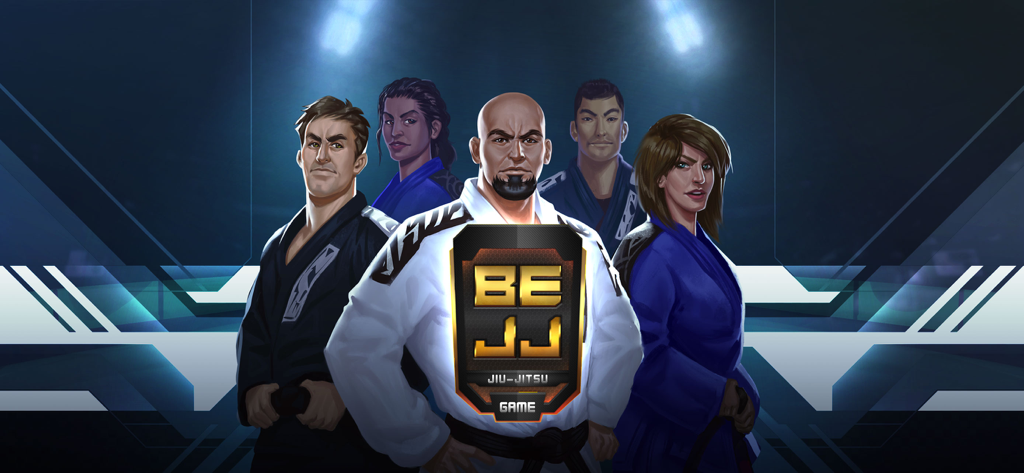 Five diverse Brazilian Jiu-Jitsu fighters in colored gis standing together with the BeJJ game logo