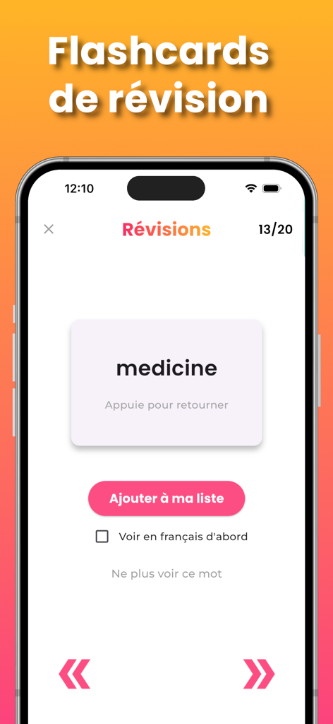 Goopy : Apprendre l'anglais - Una interfaz de tarjetas en la aplicación Goopy que muestra la palabra en inglés medicine para repasar.
